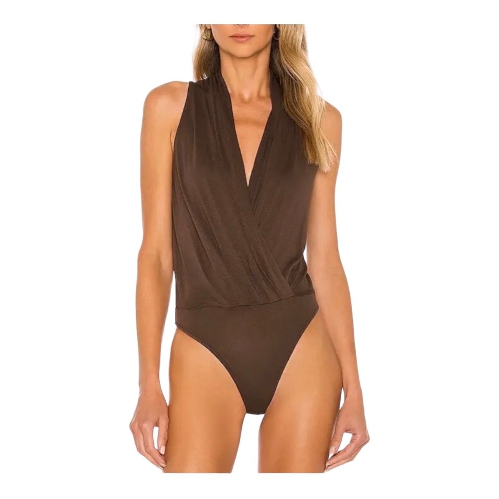 Vince Women Walnut Brown Draped Wrap Front Halter Neck Body Suit Sz Large